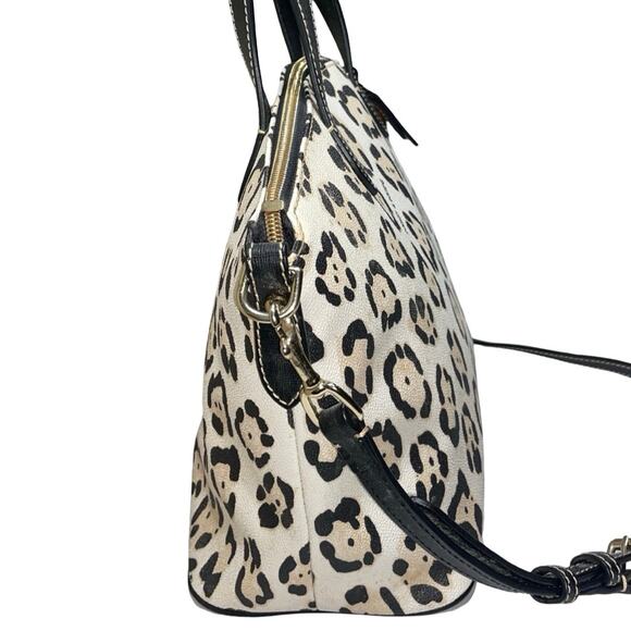 Dooney & Bourke Black Cream Leopard Print Leather Satchel + Wrsitlet - Picture 7 of 11